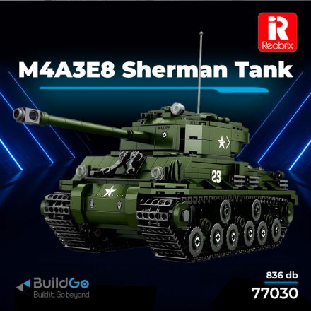 Reobrix 77030 M4A3E8 Sherman harckocsi építőkészlet, 836 db-os készlet, mozgó és nyitható elemekkel